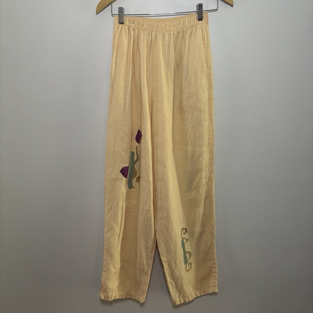 Vtg Play Alegre Hand Painted 100% Linen Pants Womens Small USA Wearable Art